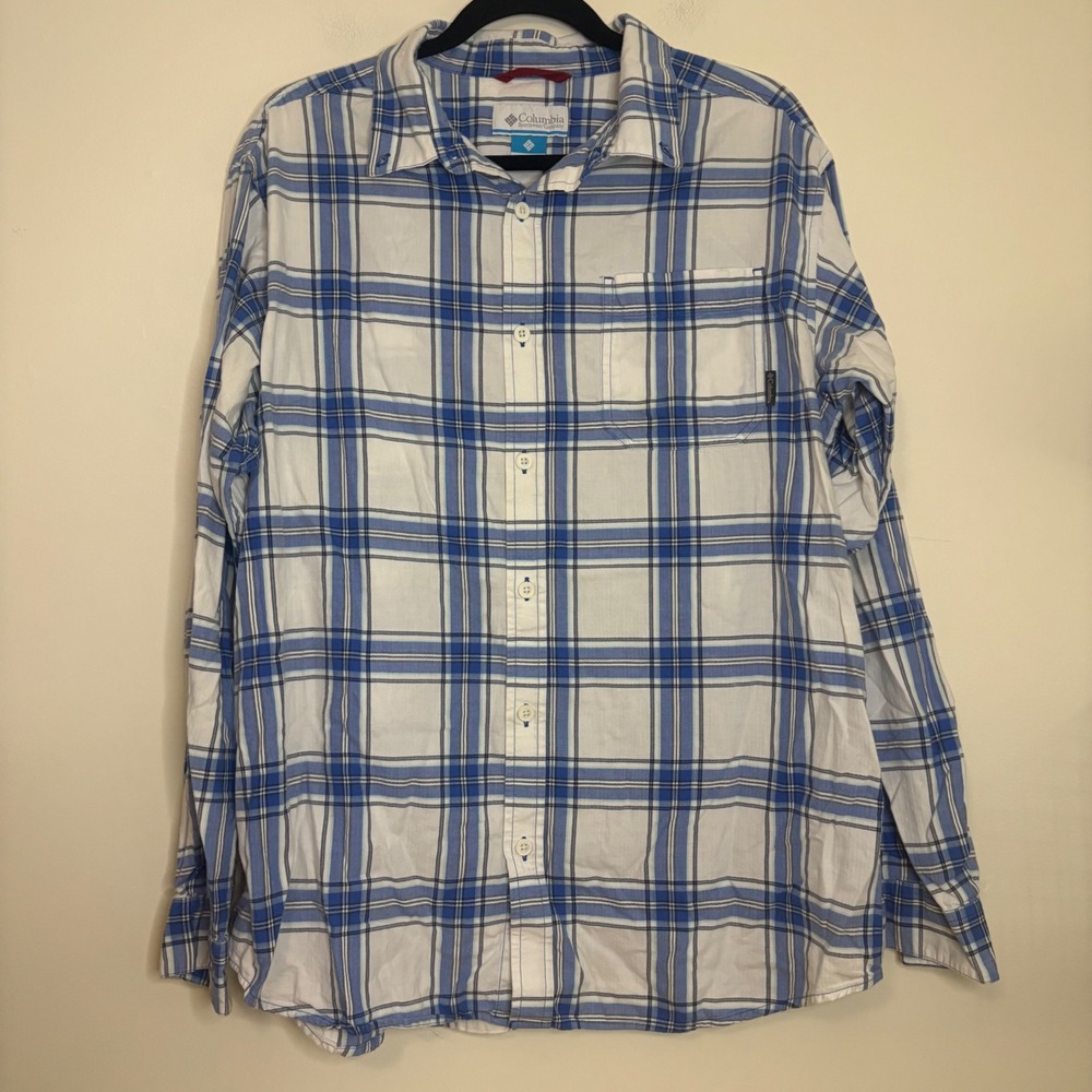 Columbia Mens Button Down Shirt Long Sleeve Plaid Blue White Size‎ L